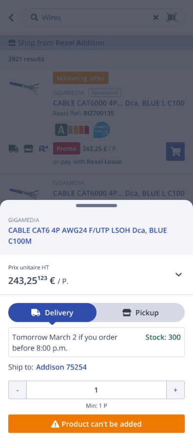 Error state — product can't be added