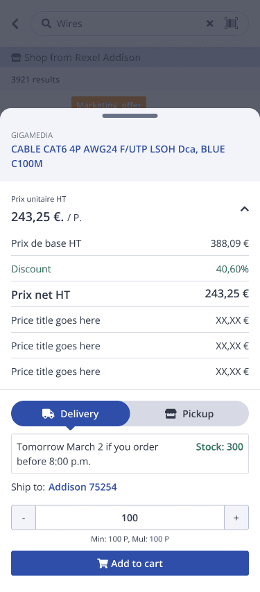 Quick-add with full B2B pricing breakdown