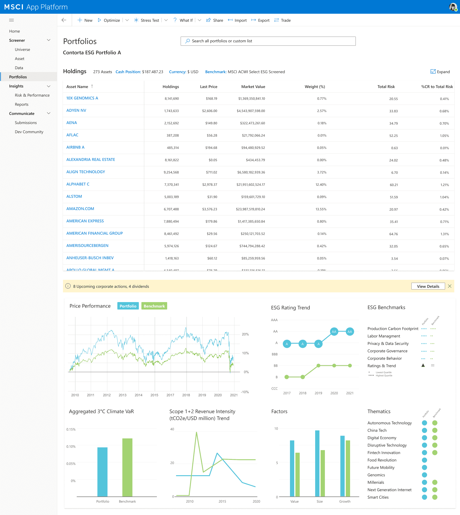 MSCI App Platform — Portfolio Holdings view showing full ESG, climate and risk analytics